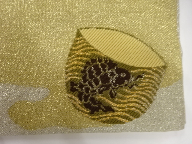  霞に茶碗模様織り出し　袋帯